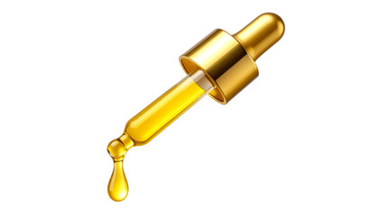 Yellow essential serum oil dripping from a gold dropper, with realistic liquid texture and shine  png