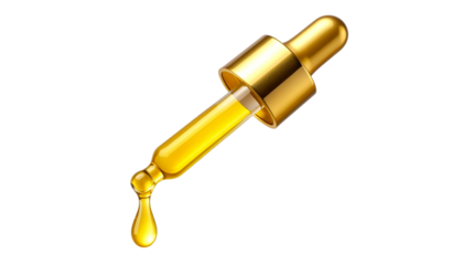 Yellow essential serum oil dripping from a gold dropper, with realistic liquid texture and shine  png