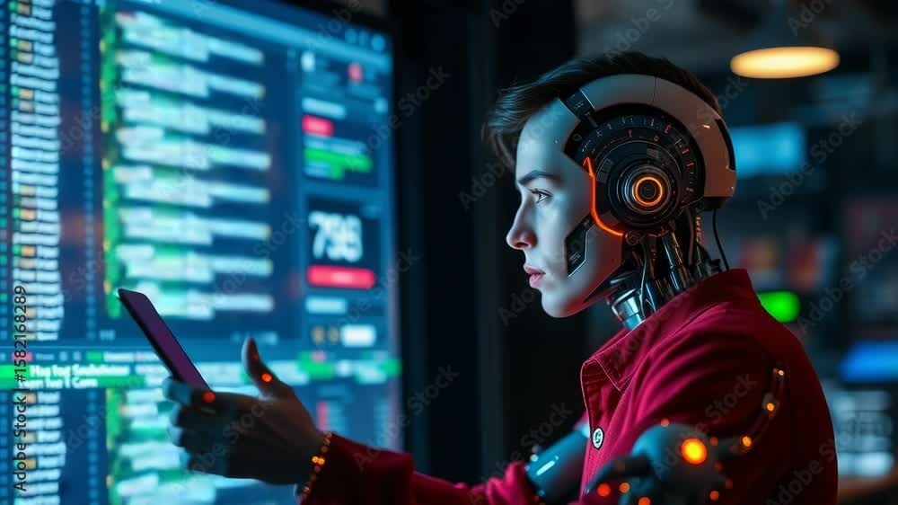 Aufkleber a futuristic robot with glowing accents examines data on a large computer screen, representing ai an