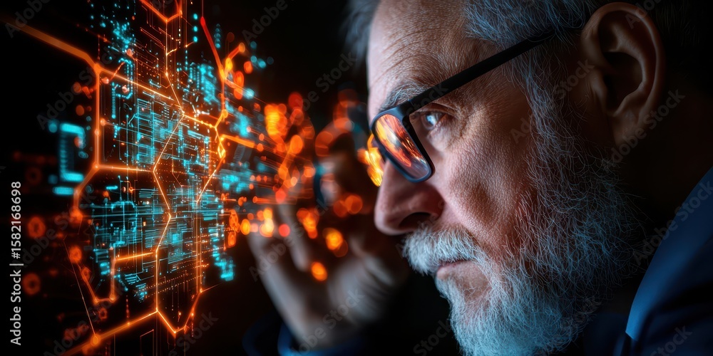 Poster engineer architect blueprints concept. a focused individual examining digital data with vibrant grap