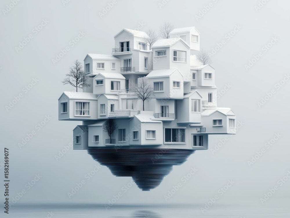 Poster engineer architect blueprints concept. floating cluster of modern houses surrounded by a minimalisti