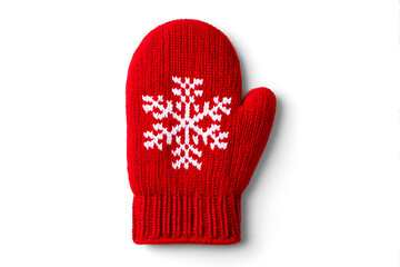 Knitted red mitten with white snowflake pattern, isolated on white. Great for winter fashion, cozy holiday branding, and seasonal design mockups.
