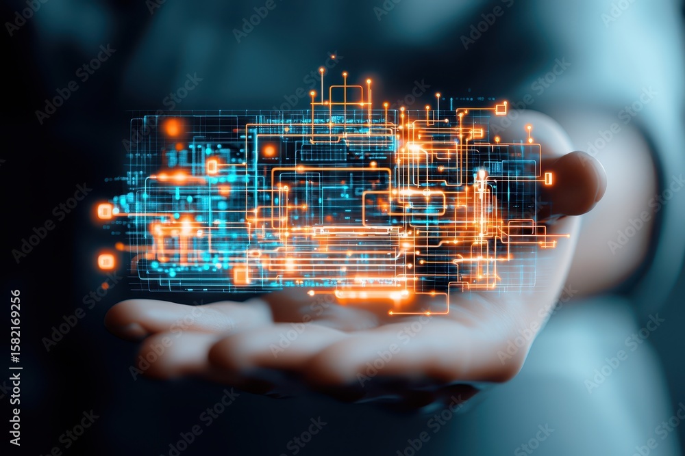 Aufkleber engineer architect blueprints concept. digital circuits projected above a hand, symbolizing technolo