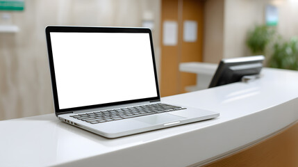 Modern laptop with blank white screen placed on hospital reception counter. Ideal for medical app mockups, healthcare UI, or telemedicine visuals. Clean and professional setting.