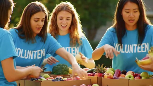 Young Female Volunteers Packing Fruits and Vegetables into Cardboard Boxes Outdoors in Golden Hour Sunlight Wearing - Powered by Adobe