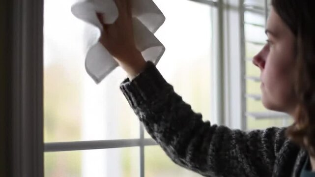 Young Woman in Gray Sweater Cleaning Window with White Cloth Indoors on a Sunny Day
