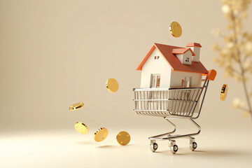 miniature house placed inside a shopping cart on a clean neutral background symbolizing property investment, home buying, mortgage planning, and financial real estate decision making