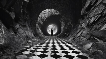 A solitary figure stands in a shadowy tunnel with a checkerboard floor.