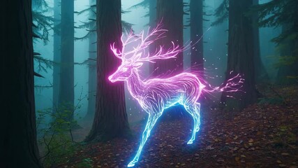 Glowing Neon Deer Standing Still in Enchanted Foggy Forest Animation - Powered by Adobe