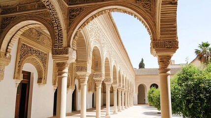 Obraz premium Ornate arches and columns frame a sun-drenched courtyard, showcasing intricate detailing and a tranquil atmosphere within a historical building