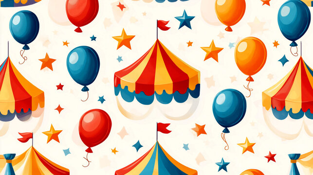 Colorful circus stars and balloons create a festive atmosphere for a joyful celebration and exciting events