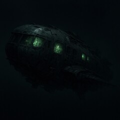 Dark Spacecraft Drifting in Starless Void with Scarred Hull, Cracked Windows, and Eerie Green Glow