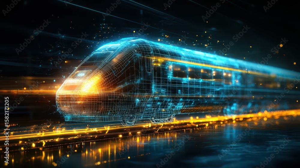 Poster engineer architect blueprints concept. futuristic train design with digital light trails in a dynami