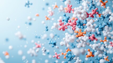 Abstract molecular structure with colorful atoms in motion