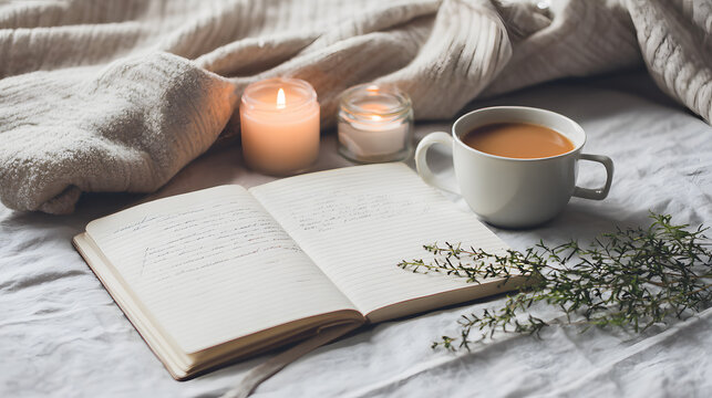 Cozy morning scene with open book, candles, and a cup of coffee. Warm and calming atmosphere for reading, mindfulness, and self-care visuals. - Powered by Adobe