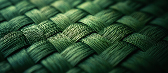 Close up of green woven texture, showcasing intricate patterns and detailed fibers, creating sense of depth and craftsmanship. image highlights beauty of textile design