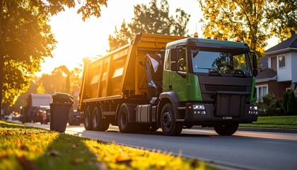 Waste Management on the Move: A gleaming garbage truck navigates a residential street, its presence a vital thread in the fabric of everyday life. capturing a slice of community.