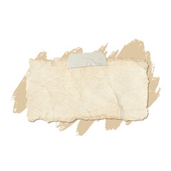 A piece of torn paper taped on a textured beige background, with paint strokes behind it, blank...