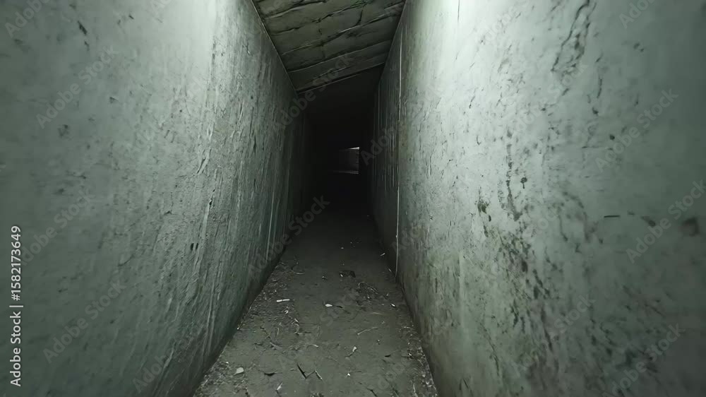 Poster exploring an endless gray concrete tunnel with a distant light at the end, endless flight in a gray 