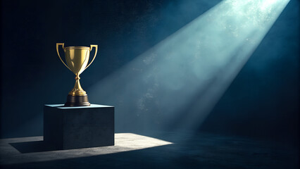 A golden trophy is bathed in a dramatic spotlight against a dark backdrop, symbolizing triumph and success, creating a sense of prestige and accomplishment
