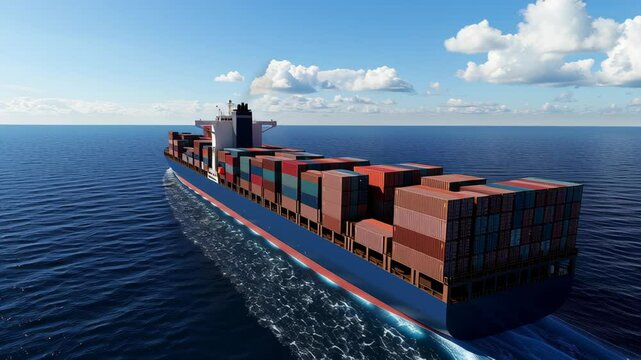 Large Cargo Ship Sails Across Ocean with Colorful Shipping Containers Vessel Navigates Calm Sea, Symbolizing Global Trade, Maritime Transportation, and Commerce in Vast Blue Waters