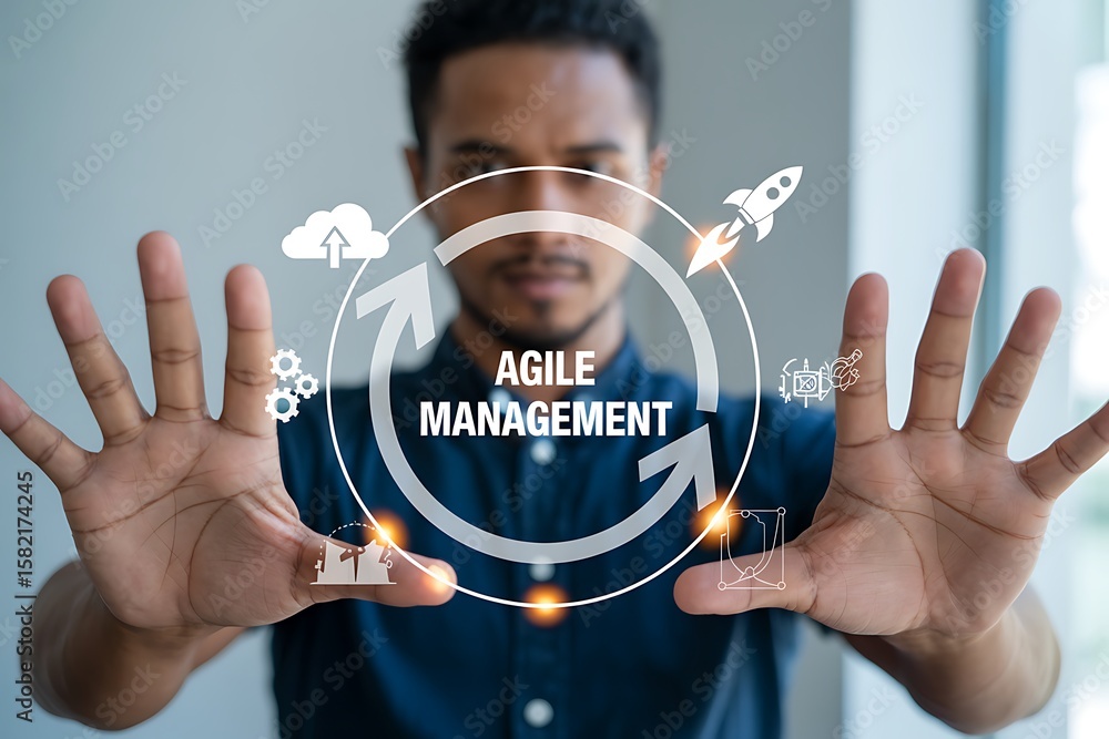 Poster man presenting agile management cycle with icons and rocket image