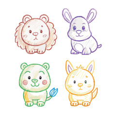 set of funny animals crayon pastel kid. Adorable animals lion, rabbit, owl, bear, rhino Vector Illustration