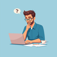 Pensive man working with laptop, vector cartoon illustration