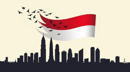 Indonesian flag waving over city skyline silhouette with flying birds