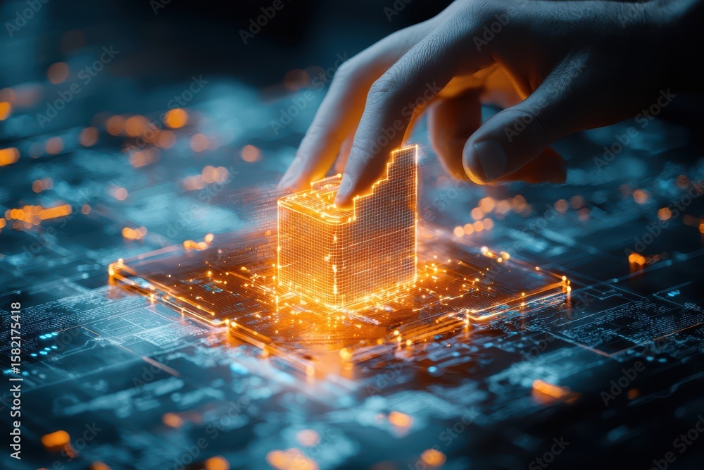 Poster engineer architect blueprints concept. a hand interacts with a glowing digital cityscape on a circui