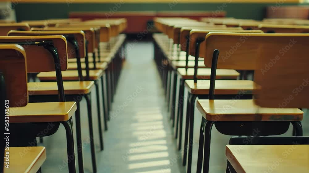 Poster empty classroom filled with rows of desks and chairs under bright lights, rows of desks sit empty in