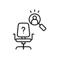 Fototapeta premium Hiring Search Icon. Outline Style. Vector. Vacant Office Chair with Magnifying Glass Highlighting Candidate. Labor Shortage Crisis. Workforce Recruitment and Job Vacancy Concept
