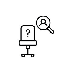 Candidate Search Icon. Outline Style. Vector. Vacant Office Chair and Magnifying Glass with Person Symbol. Labor Shortage Issue. HR Recruitment. Job Hiring and Workforce Gap Concept