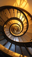 Fototapeta premium Spiral staircase, warm light, ornate metal railing