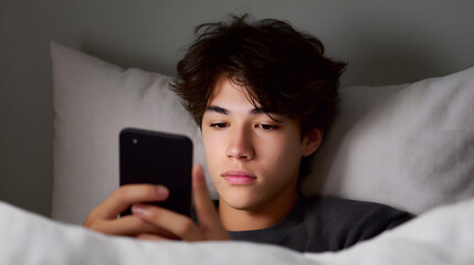 Close-up of thoughtful teenage boy in bed with phone. Depicts tech fatigue, loneliness, emotional reflection, and screen dependency in modern youth.