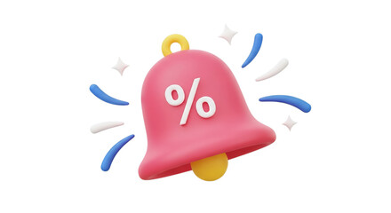 A vibrant pink discount bell announces a sale with sparkle accents on a clean transparent background showcasing shopping deals.