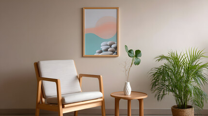 Fototapeta premium Bright minimal living room with white chair, small table, and leaf print on wall. Ideal for home decor, real estate, or lifestyle visuals. Clean, calm, and aesthetic layout.