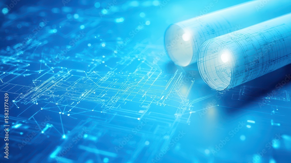 Poster engineer architect blueprints concept. futuristic digital design with glowing lines and cylindrical 