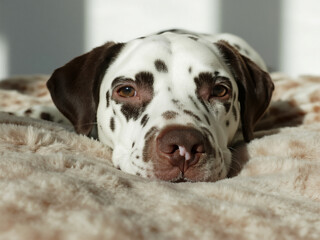 A Dalmatian dog lying on the bed, with brown eyes and black spots on its face, resting its head against an oversized beige blanket.
