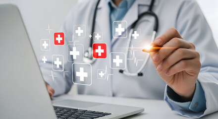 Medical professional interacts with digital health interface displaying vital signs and care symbols.