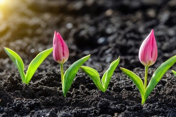 Three emerging pink tulips in rich dark soil, sunlit