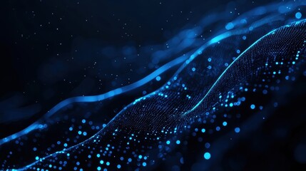 Abstract blue wave of digital particles in dark space