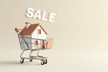 Miniature house placed inside a shopping cart on a clean neutral background symbolizing property investment, home buying, mortgage planning, and financial real estate decision making