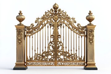 A majestic golden gate intricately adorned with baroque designs under soft light in white background. Generative Ai