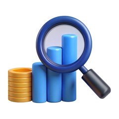 3d financial analysis with magnifying glass isolated on transparent background