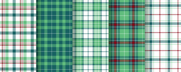 Christmas seamless pattern. Plaid background. Set gingham fabrics. Check tartan texture. Flannel green red print. Lumberjack tablecloth. Vichy shirt textile. Checkered cloth. Vector illustration
