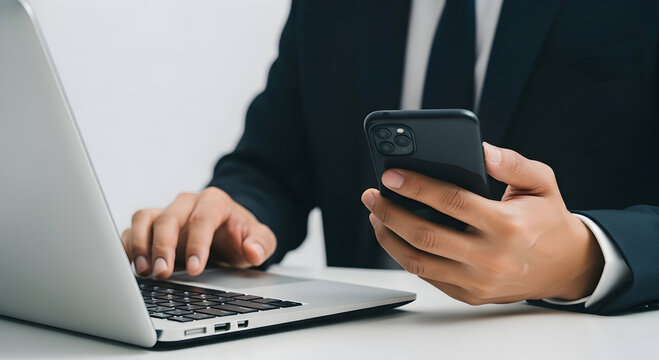 Modern professional multitasking with essential digital tools for business communication and productivity.