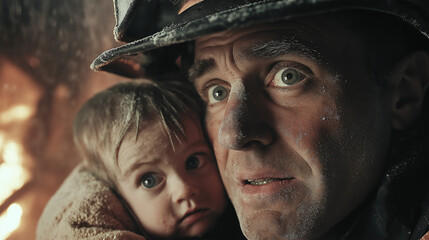 Firefighter emerges from flames carrying a rescued child amid a smoke-filled environment during a nighttime emergency response