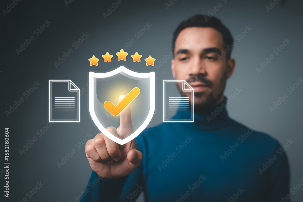 Poster man touching digital shield with checkmark and stars above documents image