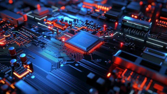 Glowing Circuit Board Close Up Advanced Technology and Innovation in Electronics with Intricate Pathways and Components